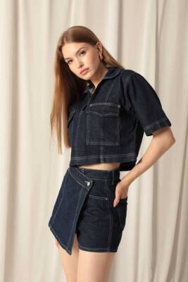 Denim Kumaş Kısa Cepli Crop Kadın Lacivert Kot Ceket - 3