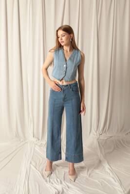 Denim Kumaş Önü Çima Wide Leg Kadın Mavi Kot Pantolon - 1