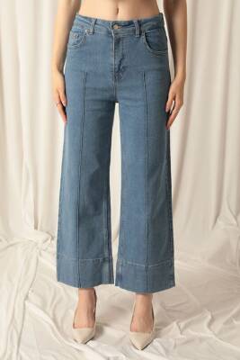 Denim Kumaş Önü Çima Wide Leg Kadın Mavi Kot Pantolon - 2