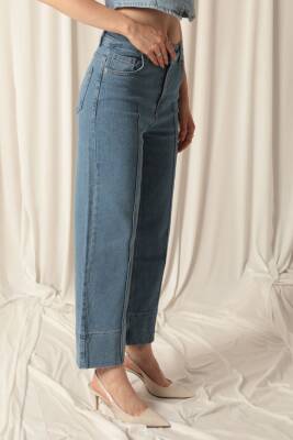 Denim Kumaş Önü Çima Wide Leg Kadın Mavi Kot Pantolon - 3