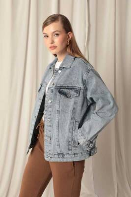 Denim Kumaş Oversize Kadın Mavi Kot Ceket - 2