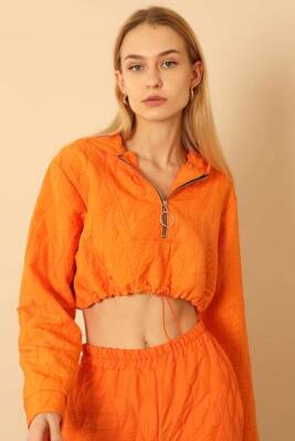 Jakar Kumaş Kapüşonlu Soğan Desen Kadın Crop Sweat-Oranj - 2