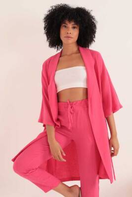 Müslin Kumaş Oversize Kadın Kimono-Fuşya - 4