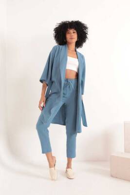 Müslin Kumaş Oversize Kadın Kimono-İndigo - 1