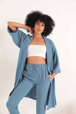 Müslin Kumaş Oversize Kadın Kimono-İndigo - 2