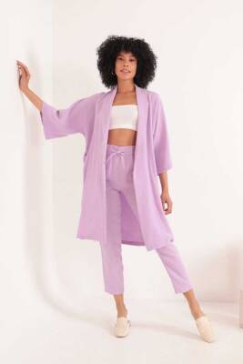 Müslin Kumaş Oversize Kadın Kimono-Lila - 1