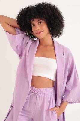 Müslin Kumaş Oversize Kadın Kimono-Lila - 2