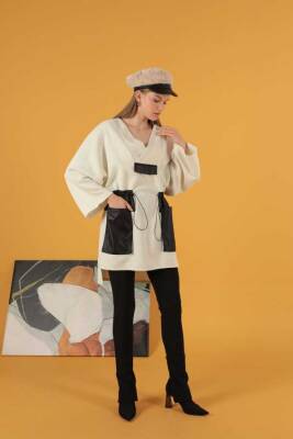 Petek Kumaş Garnili Oversize Kadın Sweat-Ekru - 1