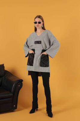 Petek Kumaş Garnili Oversize Kadın Sweat-Gri - 2