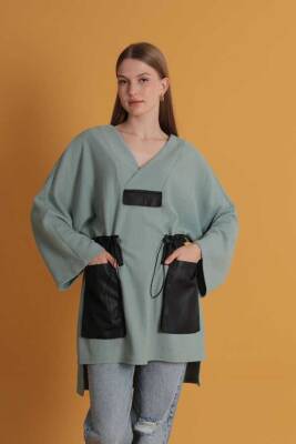 Petek Kumaş Garnili Oversize Kadın Sweat-Mint - 2